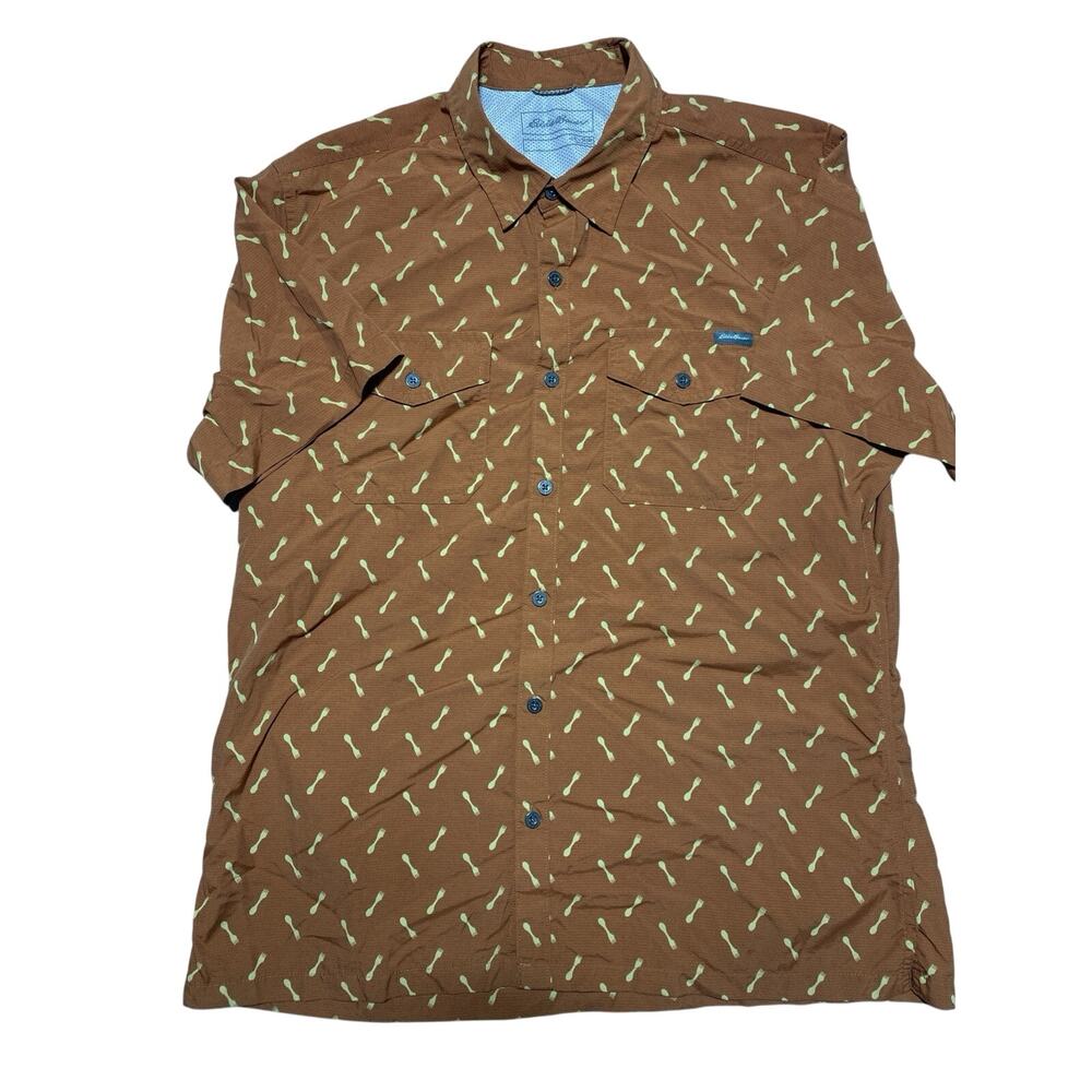 Eddie Bauer Shirt Mens Large Brown Slim Forks Camping Nylon Grilling Outdoors